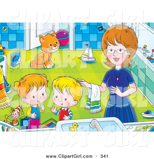Clip Art of a Cheerful Mom Helping Her Children Get Cleaned up in a Bathroom, a Cat Watching in the Background