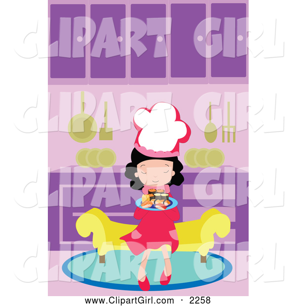 Clip Art of a Chef Girl Sitting on a Bench with a Plate of Sushi in a Kitchen