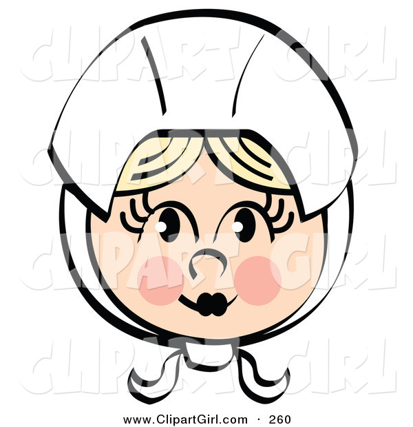 Clip Art of a Clipart Picture of a Pretty Caucasian Female Pilgrim Blushing and Wearing a White Bonnet over Her Blond Hair