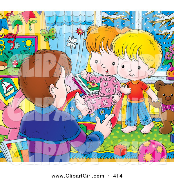Clip Art of a Colorful Picture of a Father Talking to His Son and Daughter in Their Room