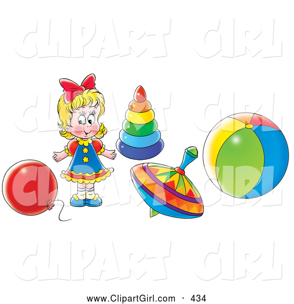 Clip Art of a Colorfully Dresed Little Blond Girl Playing with a Balloon, Rings, Top and Ball