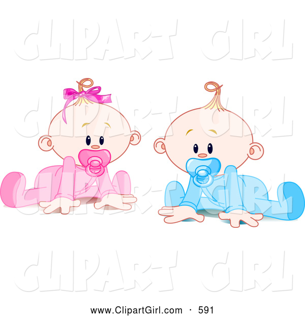 Clip Art of a Couple of Babies - Twin Baby Boy and Girl with Pacifiers, Trying to Crawl