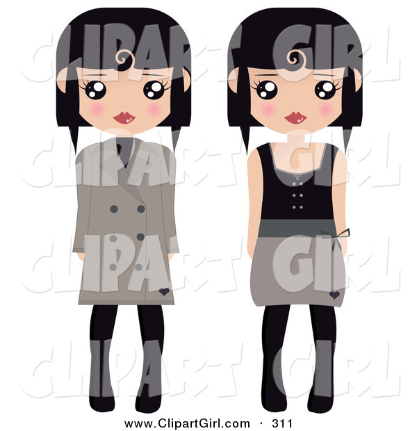 Clip Art of a Couple of Black Haired Female Paper Dolls in Brown and Black Tights, Coats and Dresses