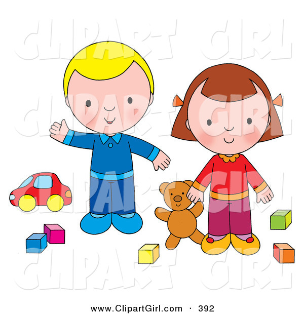 Clip Art of a Couple of Kids, a Boy and Girl Playing with a Teddy Bear, Blocks and a Car