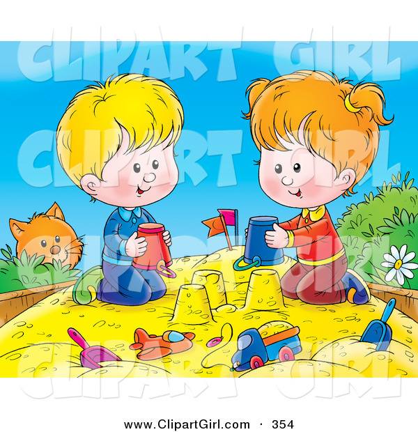 Clip Art of a Curious Ginger Cat Watching a Boy and Girl Making Sand Castles with Buckets in a Sand Box
