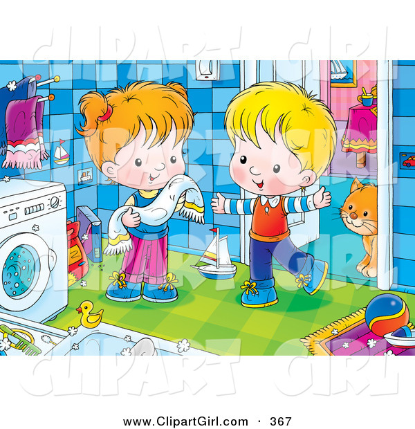 Clip Art of a Cute and Happy Boy and Girl Standing by a Washing Machine, a Cat Standing Behind a Doorway