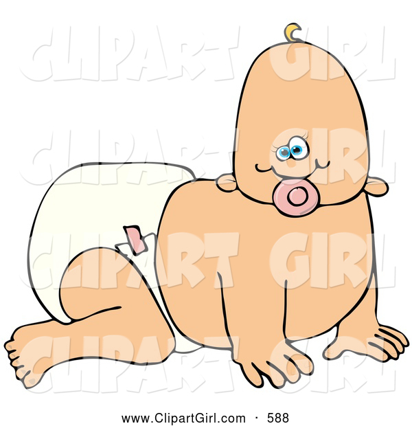 Clip Art of a Cute Baby Girl Sucking on a Pacifier and Crawling in a Diaper