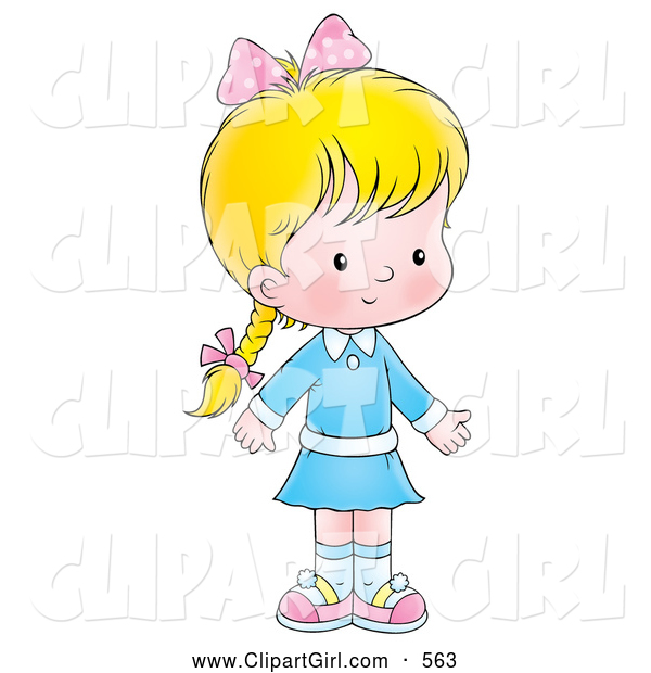 Clip Art of a Cute Blond Caucasian Girl in a Blue Dress, Wearing Her Hair in a Braid