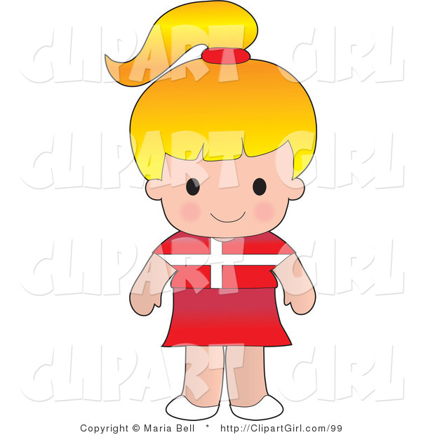 Clip Art of a Cute Blond Danish Girl Wearing a Flag of Denmark Shirt on White