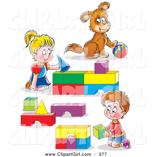 Clip Art of a Cute Boy and Girl, Brother and Sister, and Their Puppy, Playing with Blocks and a Ball