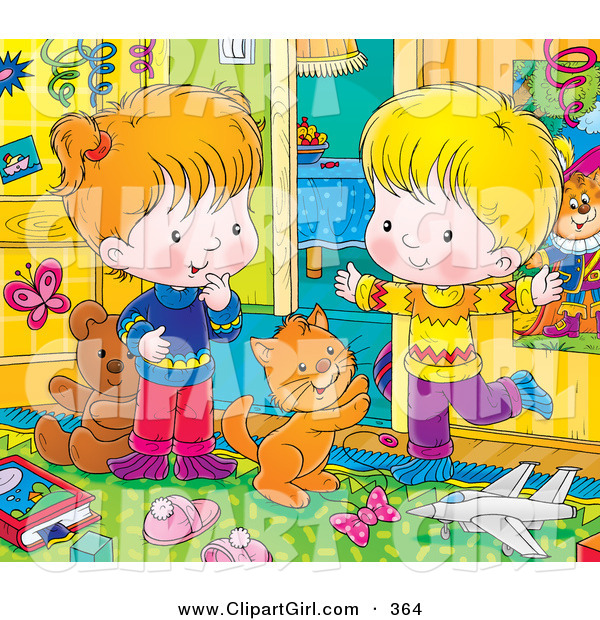 Clip Art of a Cute Cat Playing with a Happy Boy and Girl in a Messy Bedroom