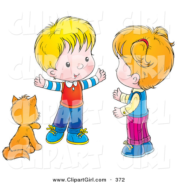 Clip Art of a Cute Cat Seated by a Little Boy Talking to a Girl
