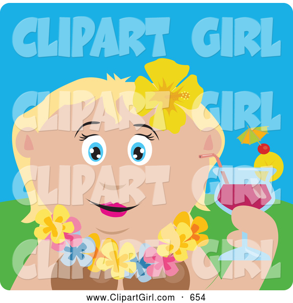 Clip Art of a Cute Caucasian Woman in a Hawaiian Lei, Drinking a Cocktail on Vacation
