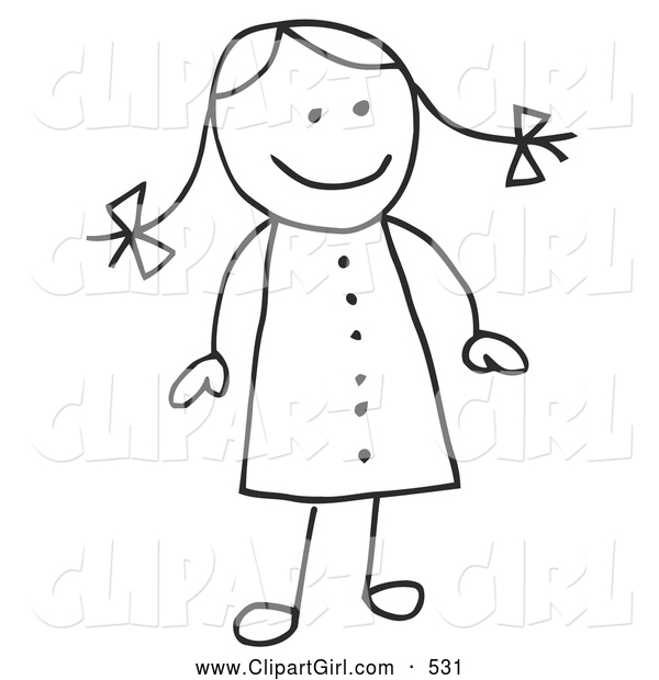 Clip Art of a Cute Figure Stick Girl in a Dress, Her Hair in Pig Tails