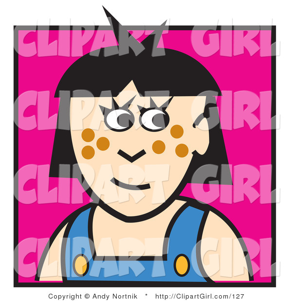 Clip Art of a Cute Girl with Black Hair and Brown Freckles