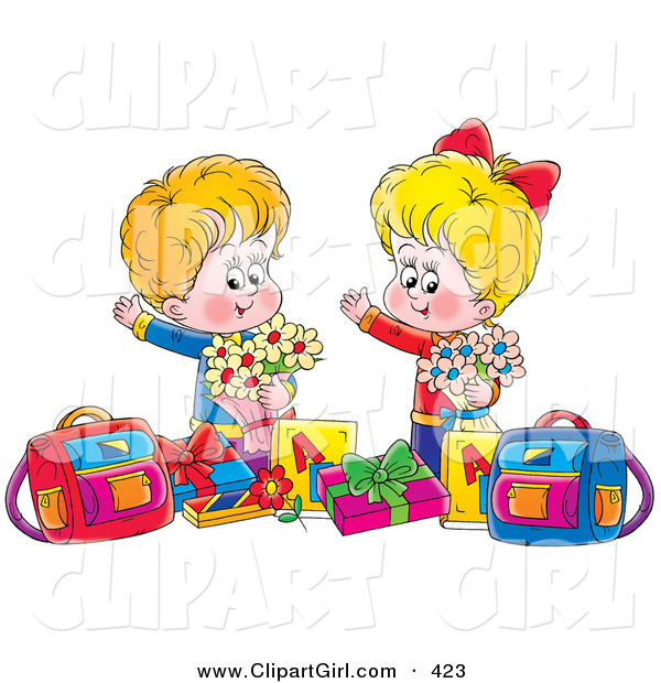 Clip Art of a Cute Happy Boy and Girl Holding Flowers, Standing with Presents and Bags