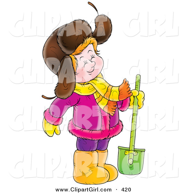 Clip Art of a Cute Happy Girl in a Purple Coat, Standing with a Shovel