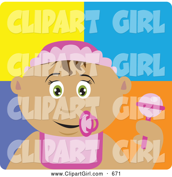 Clip Art of a Cute Latin American Baby Girl with a Pacifier, Bib and Rattle