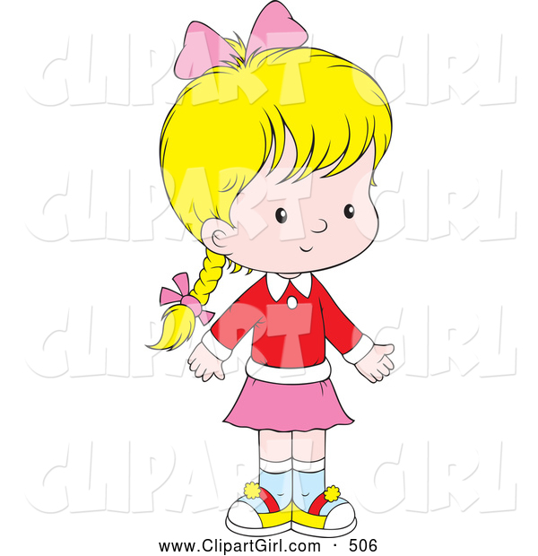 Clip Art of a Cute Little Blond Girl with Braided Hear, Wearing Pink and Red