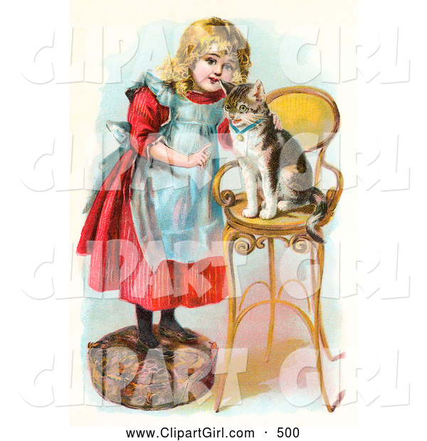 Clip Art of a Cute Little Blond Victorian Girl Trying to Train Her Cat to Listen to Her Commands, Teaching Kitty to Sit on a Stool