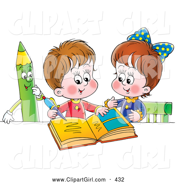 Clip Art of a Cute Little Boy and Girl Studying Together, a Green Colored Pencil Watching on White