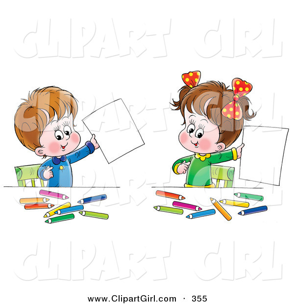 Clip Art of a Cute Little Boy and His Sister Proudly Holding up Their Artwork While Coloring at a Table