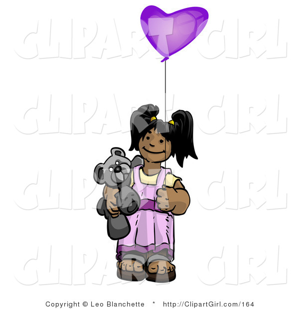 Clip Art of a Cute Little Girl Holding a Purple Heart Balloon and Teddy Bear