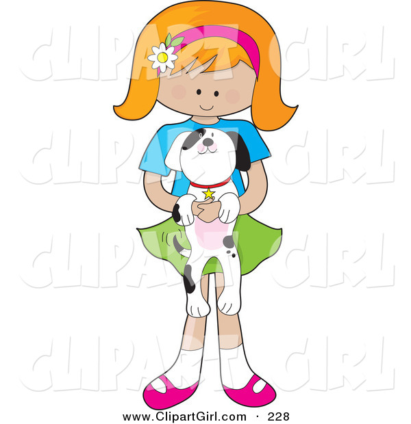Clip Art of a Cute Little Red Haired Caucasian Girl with a Daisy Flower on Her Pink Headband with a Dog in HandCute Little Red Haired Caucasian Girl with a Daisy Flower on Her Pink Headband with a Dog in Hand