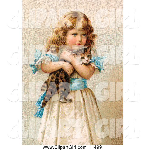 Clip Art of a Cute Little Victorian Girl in a Fluffy Dress, Hugging Her Scared Kitten
