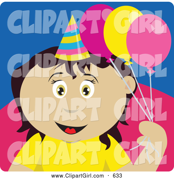 Clip Art of a Cute Mexican Birthday Girl Holding Balloons