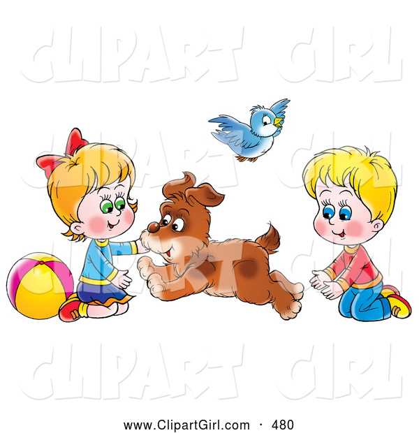 Clip Art of a Dog Running Back and Forth Between a Smiling Brother and Sister