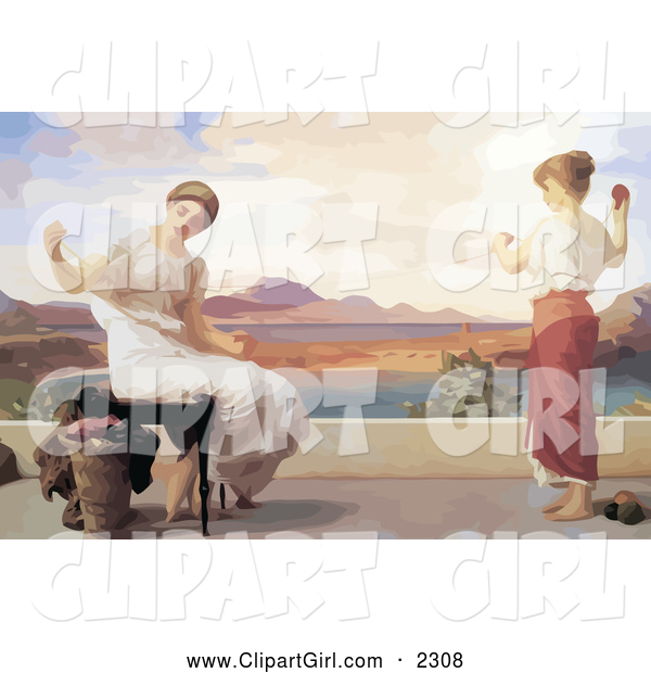 Clip Art of a Female and Child Winding Yarn Outdoors on a Patio, Original Titled Winding the Skein by Frederic Lord Leighton
