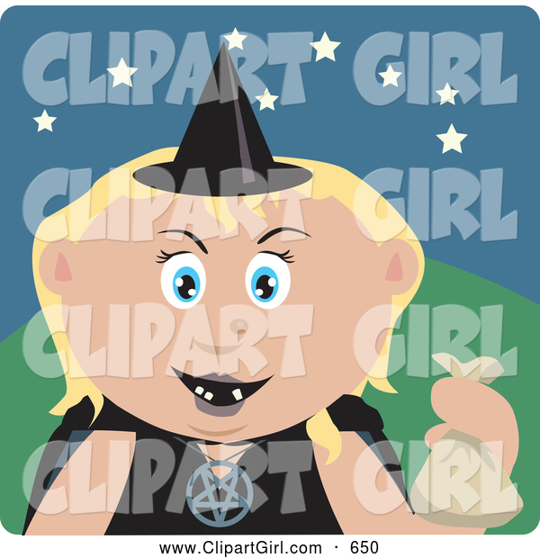 Clip Art of a Friendly Caucasian Girl Trick or Treating on Halloween in a Witch Costume