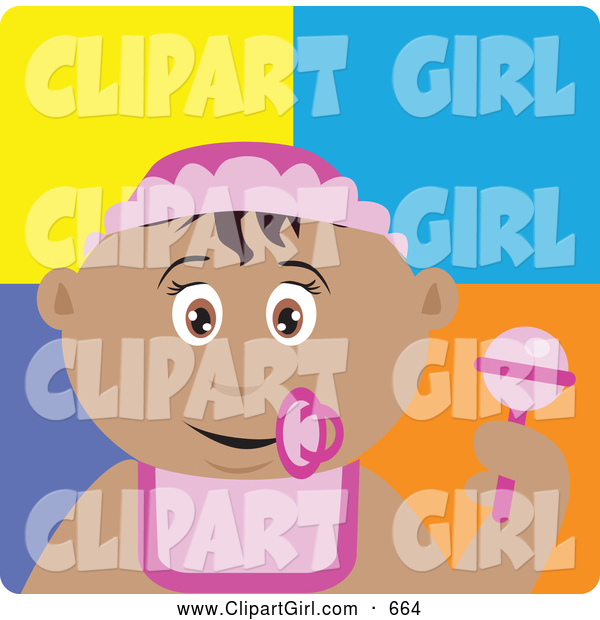 Clip Art of a Friendly Hispanic Baby Girl with a Pacifier, Bib and Rattle