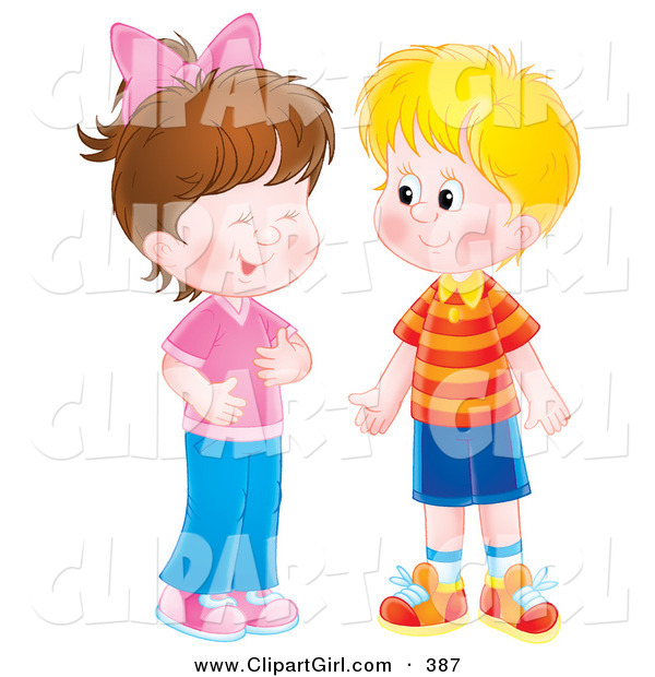 Clip Art of a Friendly Little Girl Giggling While Talking to a Boy