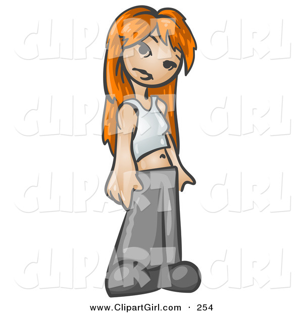 Clip Art of a Friendly Red Haired Teenage White Girl in a Tanktop and Pants, Tilting Her Head and Standing