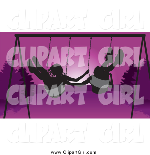 Clip Art of a Friends Swinging Against a Purple Sunset