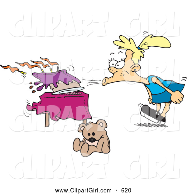 Clip Art of a Girl Blowing out Her Birthday Cake with a Strong Breath, on White