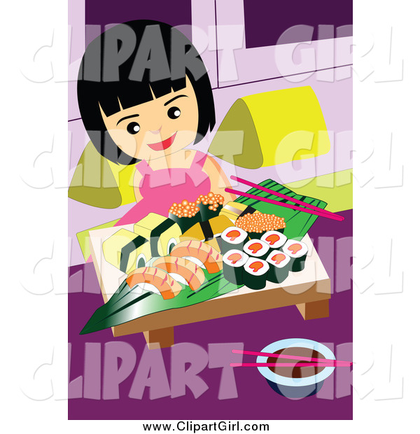 Clip Art of a Girl Eating Sushi
