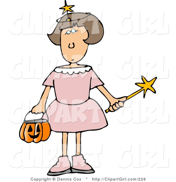 Clip Art of a Girl Wearing a Pink Halloween Fairy Godmother Costume While Trick-or-treating