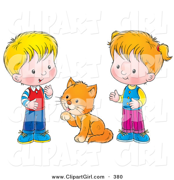 Clip Art of a Grooming Cat Between a Little Boy and Girl in a Room