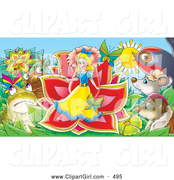 Clip Art of a Group of Animals Surrounding a Miniature Girl Emerging from a Flower