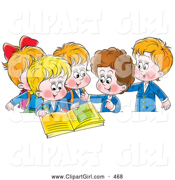 Clip Art of a Group of Smiling School Children Signing a Photo Album