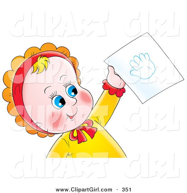 Clip Art of a Happy and Cute Blue Eyed Baby Holding up a Hand Print on a Piece of Paper