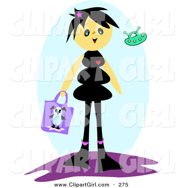Clip Art of a Happy and Smiling Girl with Black Hair, Carrying a Panda Purse