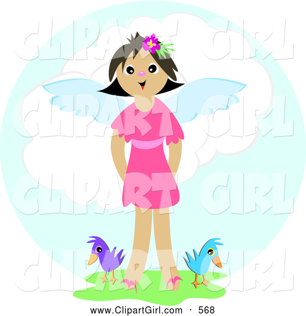 Clip Art of a Happy Angel Girl Standing in Green Grass with Two Birds in Heaven