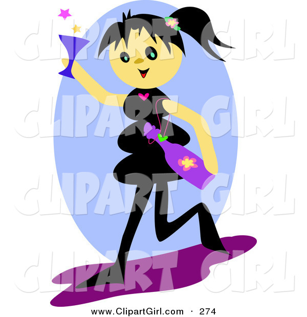 Clip Art of a Happy Asian Girl with Black Hair, Holding up a Cocktail