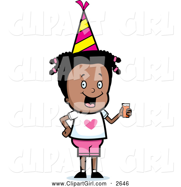 Clip Art of a Happy Black Girl Holding a Beverage at a Birthday Party