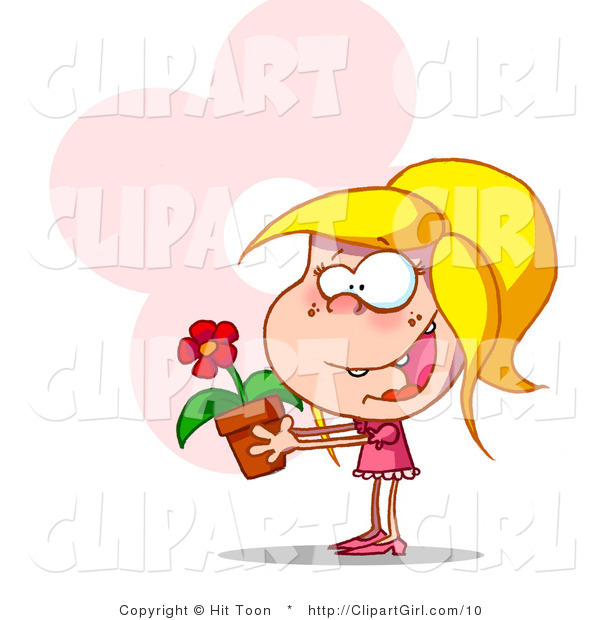 Clip Art of a Happy Blond Girl in Pink with a Flower Pot Containing a Blooming Red Daisy