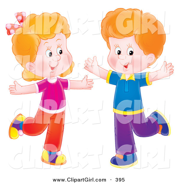 Clip Art of a Happy Boy and Girl Dancing with Their Arms OutHappy Boy and Girl Dancing on One Leg with Their Arms out